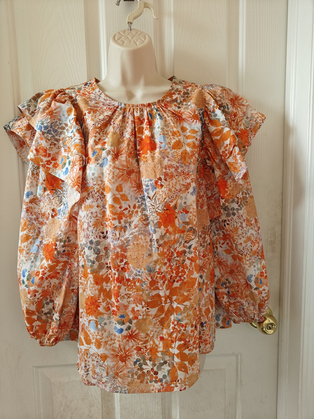 entro Orange and Blue Floral Ruffle-Sleeve Blouse